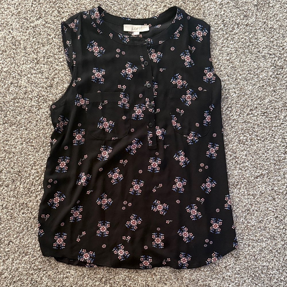 LOFT Black Floral Sleeveless Blouse